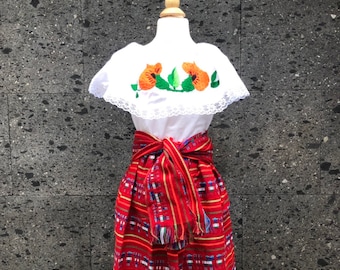 Handmade Mexican Kids Dress: Embroidered Blouse, Cambaya Skirt & Rebozo