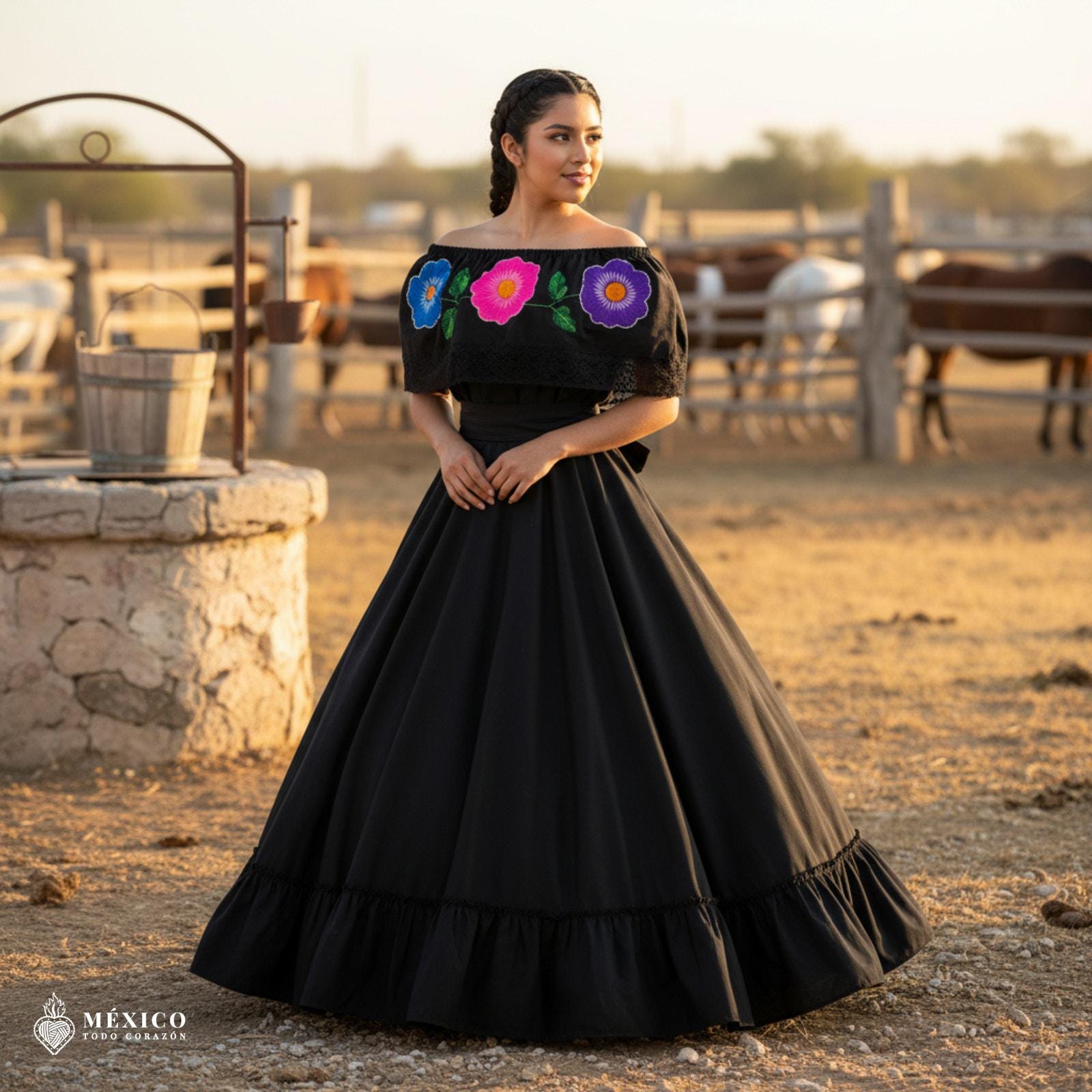 Traditional Mexican Embroidered Floral Dress Set - Handmade Two-Piece