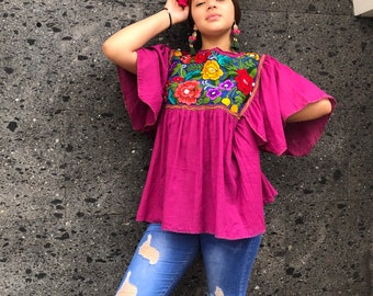 Mexican BLOUSE ONLY  handmade White flowers  coco theme party mexican fiesta 5 de Mayo style womans Boda coco bat winged sleeve