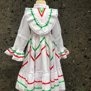 Vestido mexicano Jalisco: Talla 2, Blanco con listones de colores