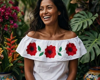 Traditional Mexican Embroidered Peasant Blouse, Off the Shoulder Floral Top - Red Poppy Flower Embroidery