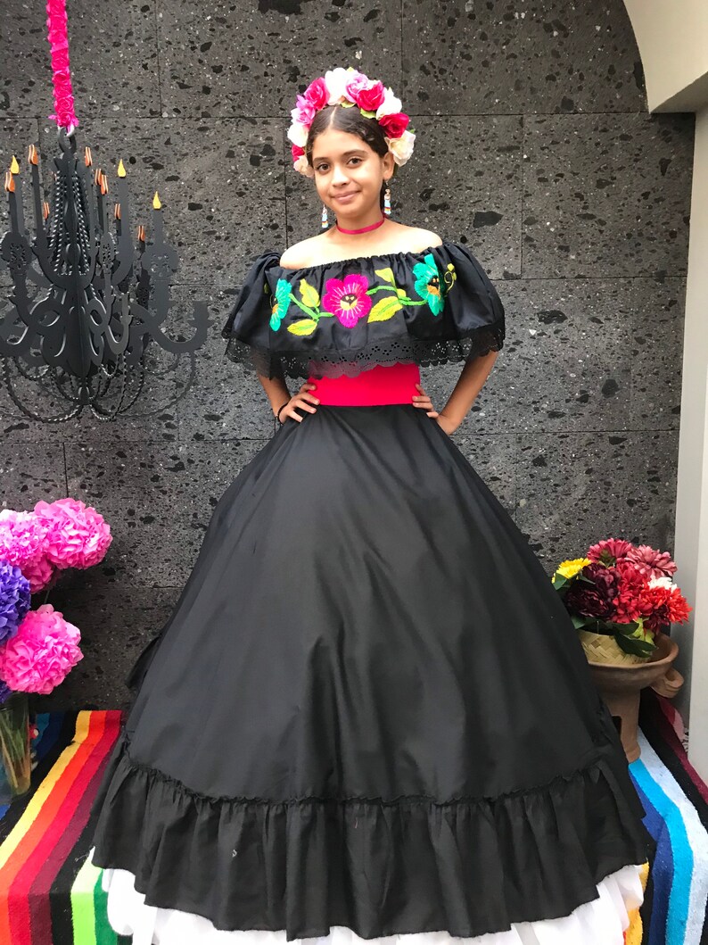 Frida Kahlo style Beautiful Mexican Black dress with top Handmade womans mexican boho coco theme party day of the dead costume 100CM