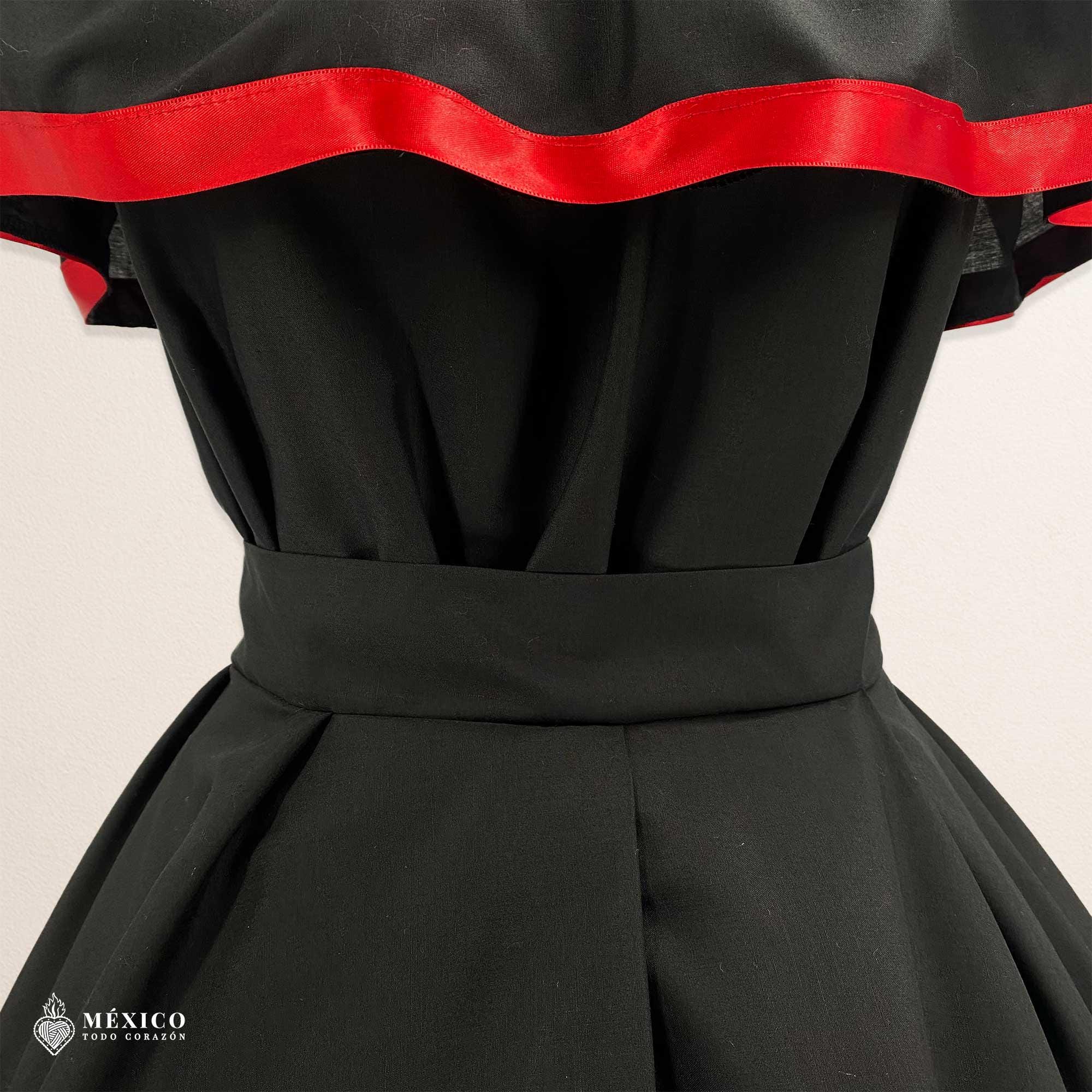 Black Handmade Mexican Dress Set - Red Ribbon Skirt & Blouse Traditional Black Handmade Mexican Dress Set - Red Ribbon Skirt & Blouse Traditional