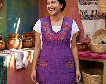 Magenta Mexican Embroidered Smock Apron – Floral Traditional Design for Women
