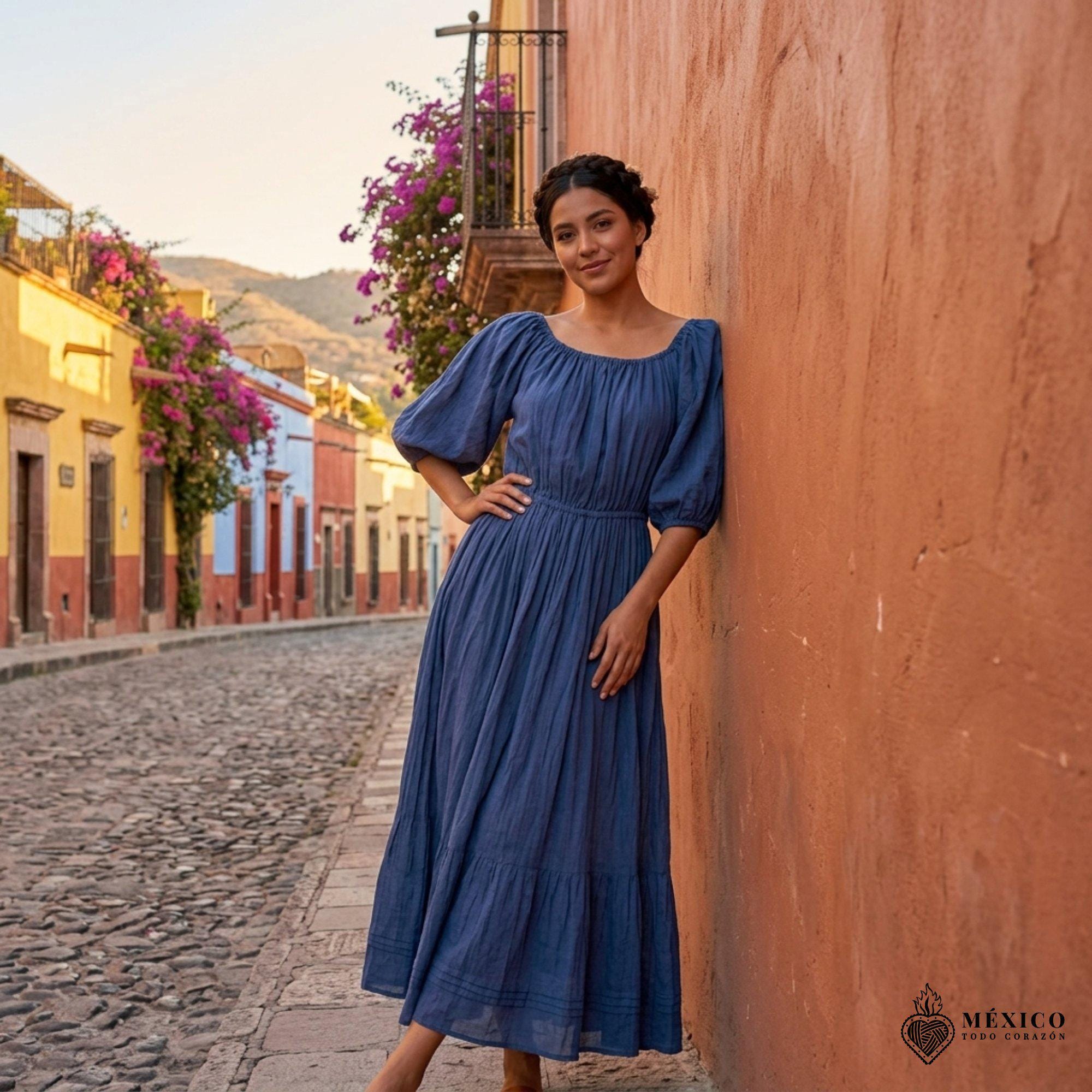boho peasant dress Handmade Embroidered Mexican Dress: Mumu Style up front