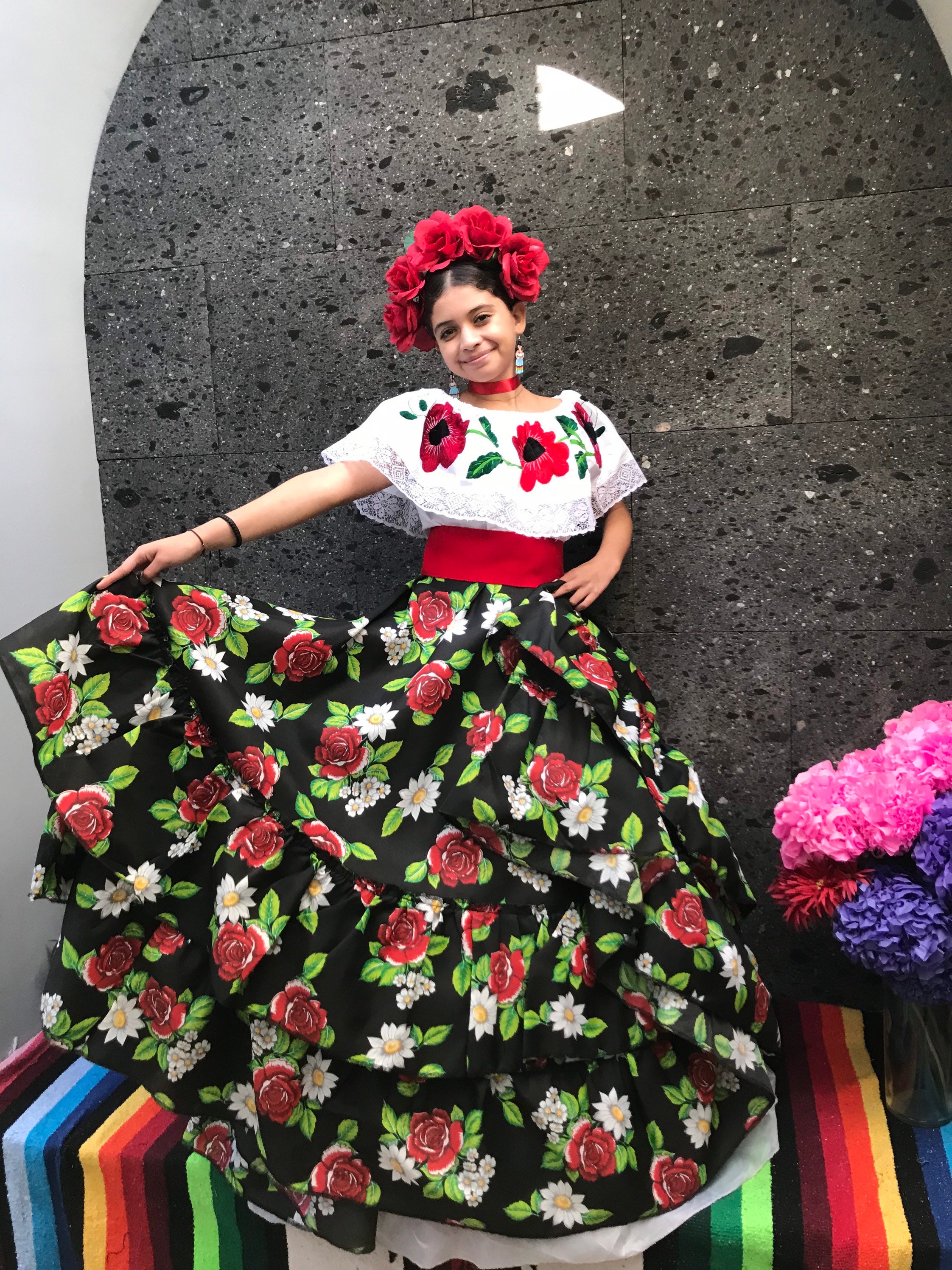 Mexican Floral Skirt: Black Circle Dress, Coco Theme Party (100CM
