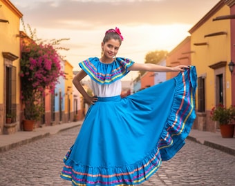 Light Blue Mexican Jalisco Dress Set - Handmade Traditional Folkloric Outfit for Women
