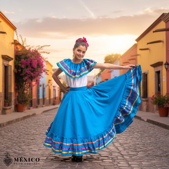 ライトブルーのメキシコハリスコドレスセット - 女性用ハンドメイドの