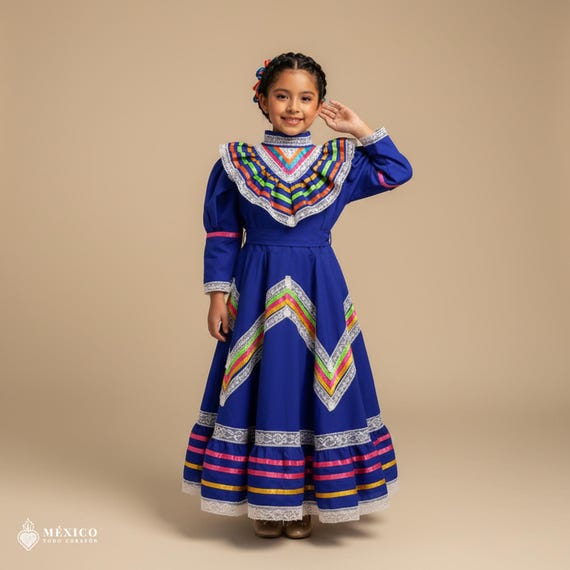 Royal Blue Traditional Jalisco One-Piece Dress for Girls & Teens (Size 4)