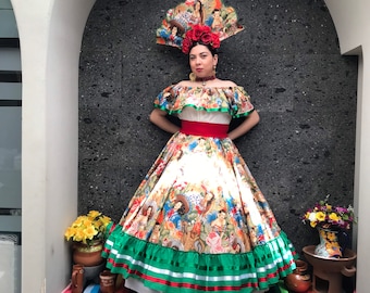 Mexican dress with top Handmade skirt style-womans mexican boho coco theme party  day of the dead  costume 100cm