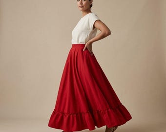 Mexican Red Single Skirt – Adjustable Traditional Day of the Dead Boho Style (Length 39")