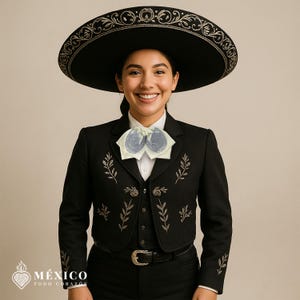 Beige mexikanische Charro Moño mit silberner Pferdestickerei | Traditionelle Mariachi-Fliege für Fiestas, Kulturelle Veranstaltungen | México Todo Corazón