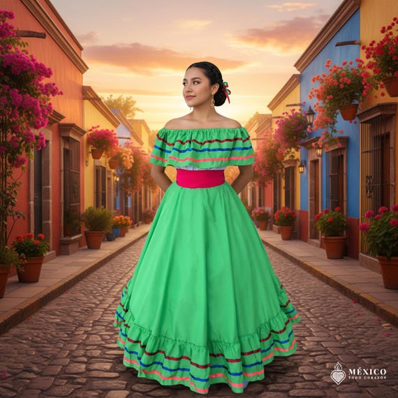 Mexican Womans Dress Handmade-ONE Size Womans Teen Beautiful Coco Theme Style-Mexican Hobo Hippie Baby One Size Dress Peasant Green 90cm