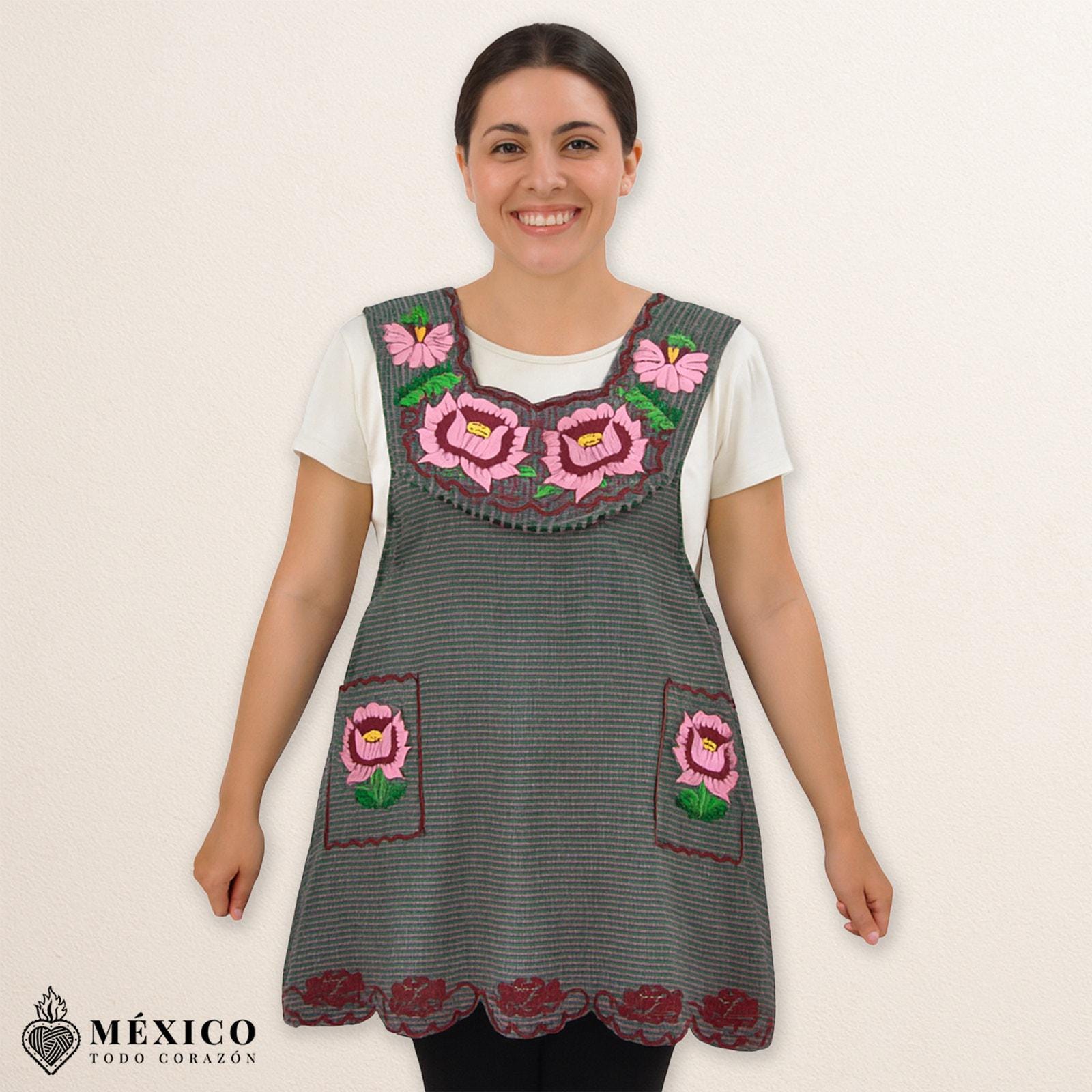 グレーのメキシカン刺繍エプロン - ピンクの花柄コットン製