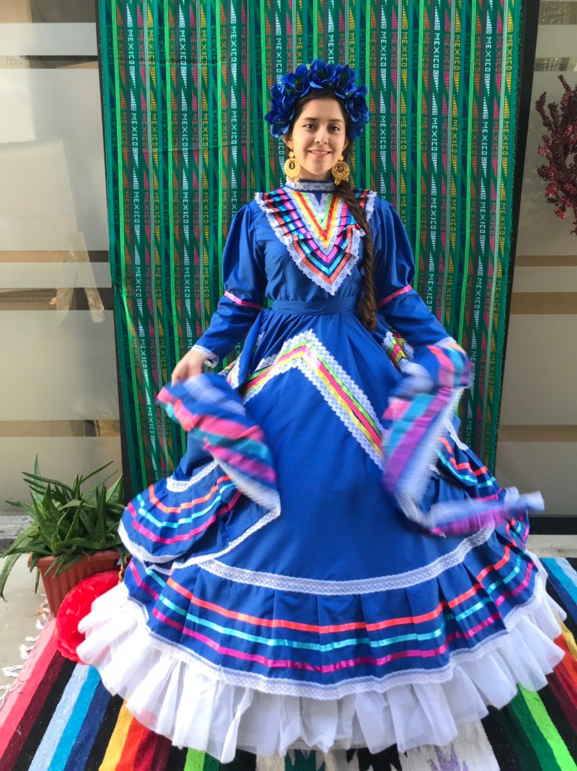 メキシカンドレス サイズ 14 ブルー ハリスコ ドレス フォーク