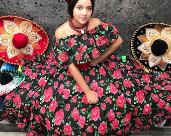 Frida Kahlo Style Mexican Black Dress: Embroidered Boho Coco Party Costume