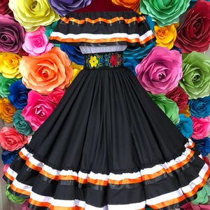 Mexican folkloric Skirt and Blouse  black pink ribbons. Mexico Todo Corazón ballet folclórico double vuelo size 2t to xlarge custom orders