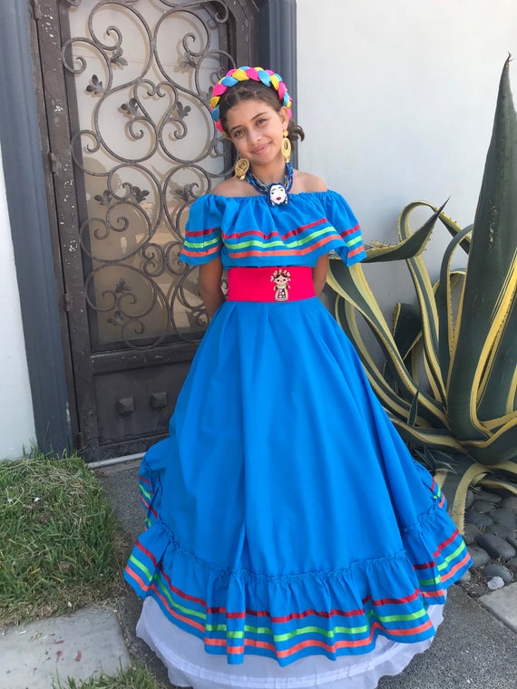 Handmade Mexican Dress: Light Blue Boho Coco Theme Party