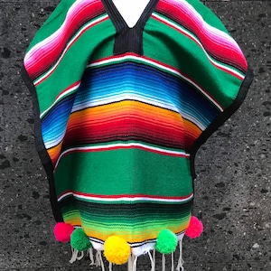 Mexican sarape Zarape fits 2 to 4 years green poncho with pompoms