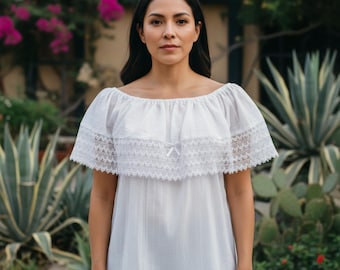 Blusa mexicana blanca con ribete de encaje: blusa ligera de gasa para mujer