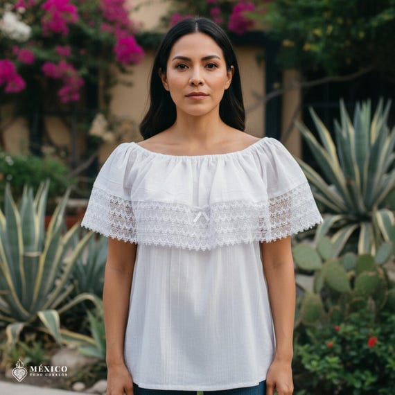 White Mexican Blouse With Lace Trim – Lightweight Gauze-style Top