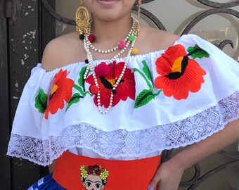 Mexican BLOUSE ONLY  handmade White flowers  coco theme party mexican fiesta 5 de Mayo Frida Khalo style  mexican womans Boda coco