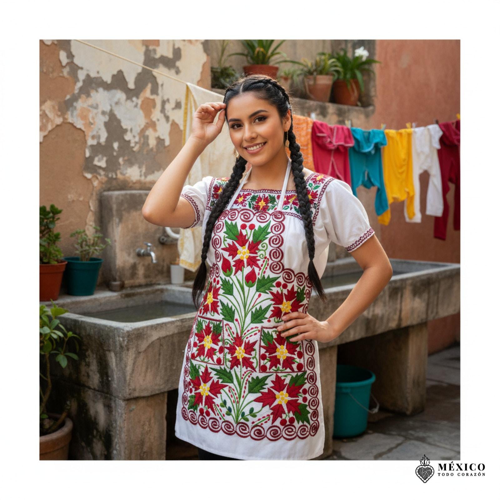 Mexican Embroidered Bib Apron for Women – Multicolor With Floral