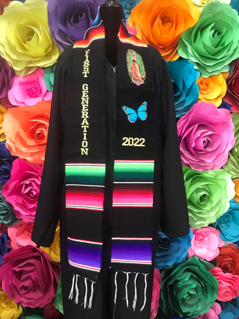 Graduation Mexican sash stole class of 2022 Black gold letters Virgen de Guapalupe Mexican plus butterfly  PERSONALIZATION available  2022 