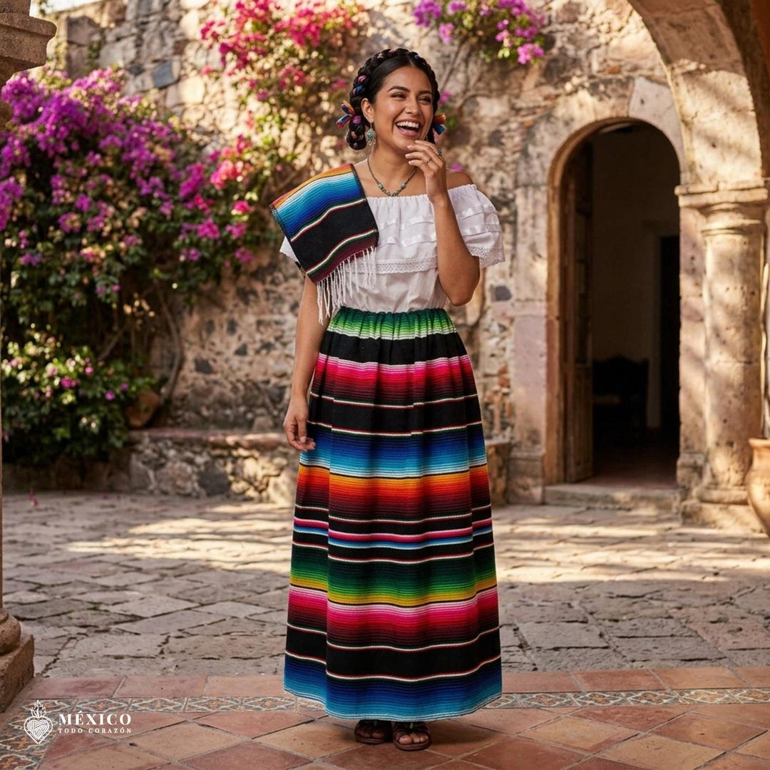 Mexican Robe Traditional Mexican Sarape Dress Set, 3 Piece Outfit With Blouse, Skirt ...