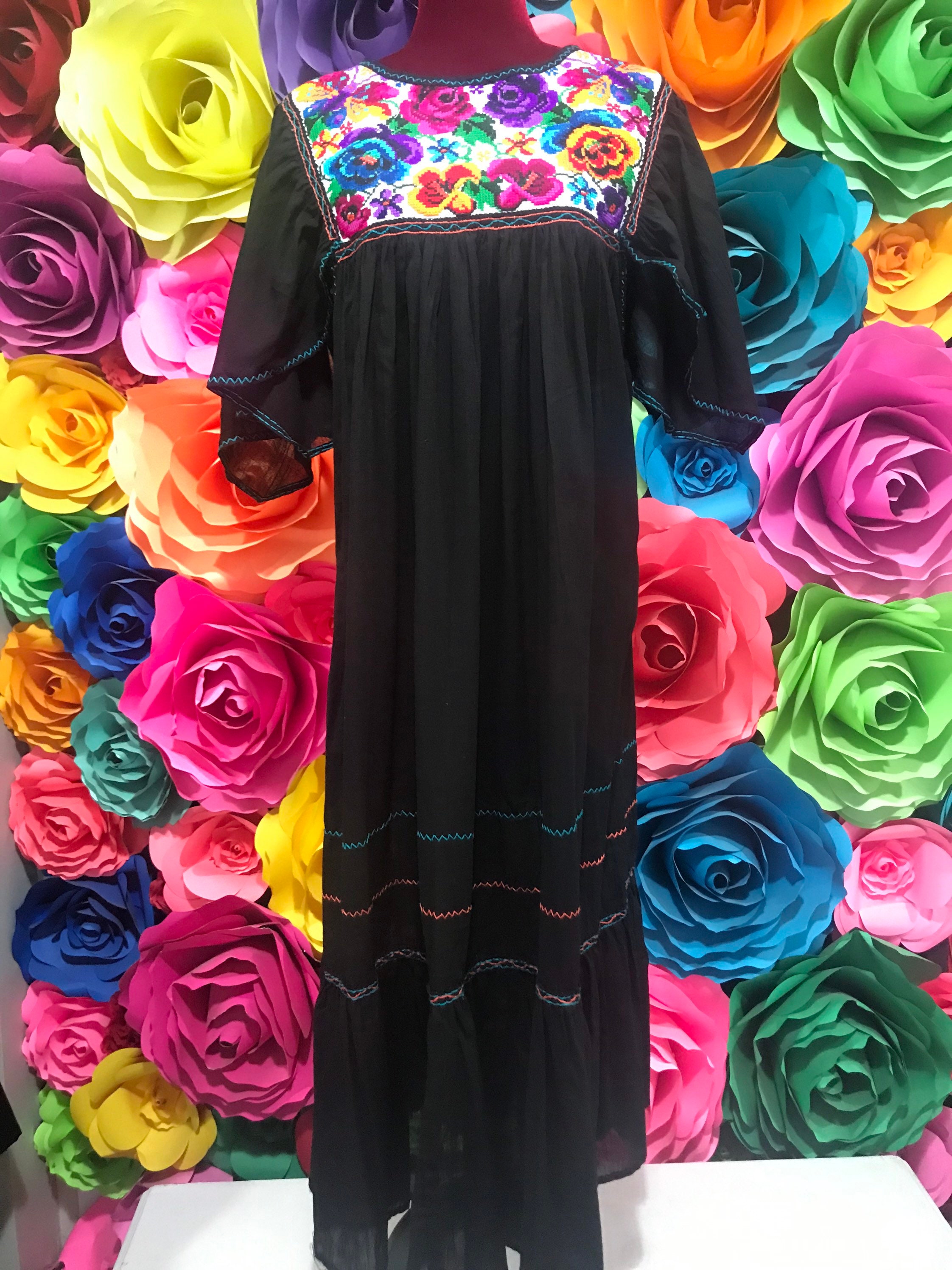 green emerald velvet dress De La Rosa Floral Embroidered Mexican Dress- Vestido Mexicano Bordado