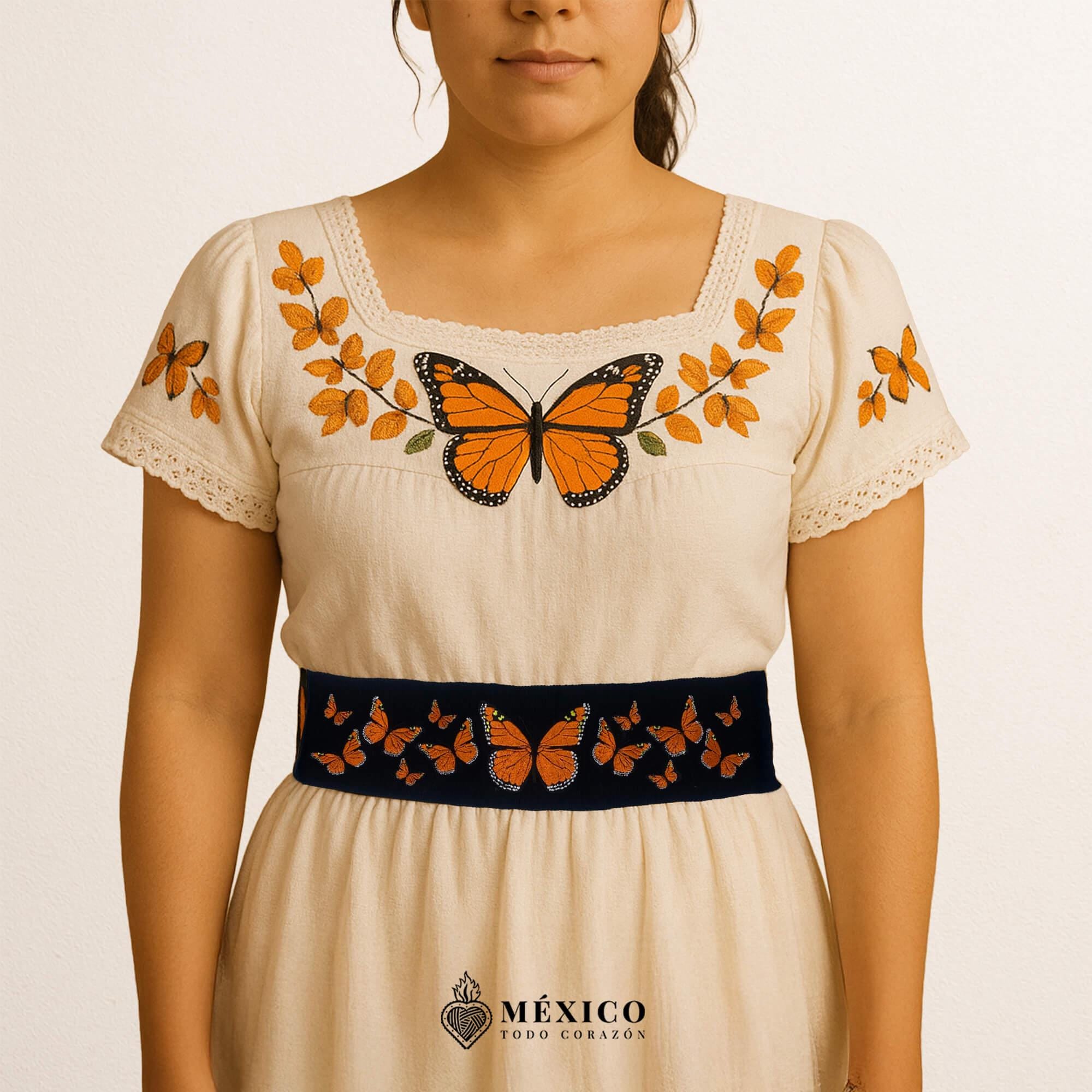 オオカバマダラ刺繍入りファハ：メキシカンウエストベルト - メキシコ