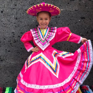 Mexicaanse jalisco maat 4 jurk HOT PINK prachtige KIDS mooie stijl-baby Mexicaanse boho hippie baby bloem kind kleur