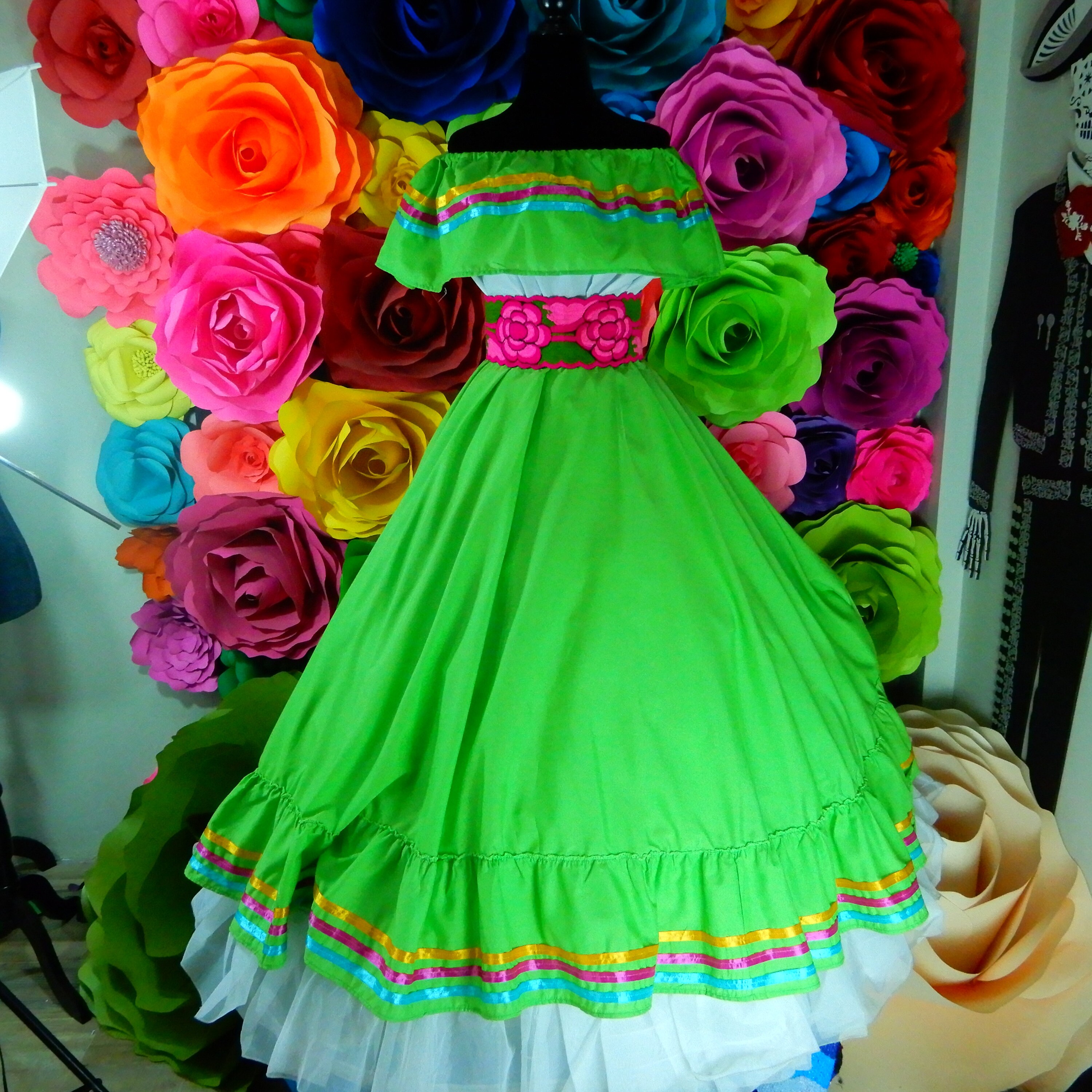 Handmade Mexican Peasant Dress: Green Coco Theme, Teen/Woman Size