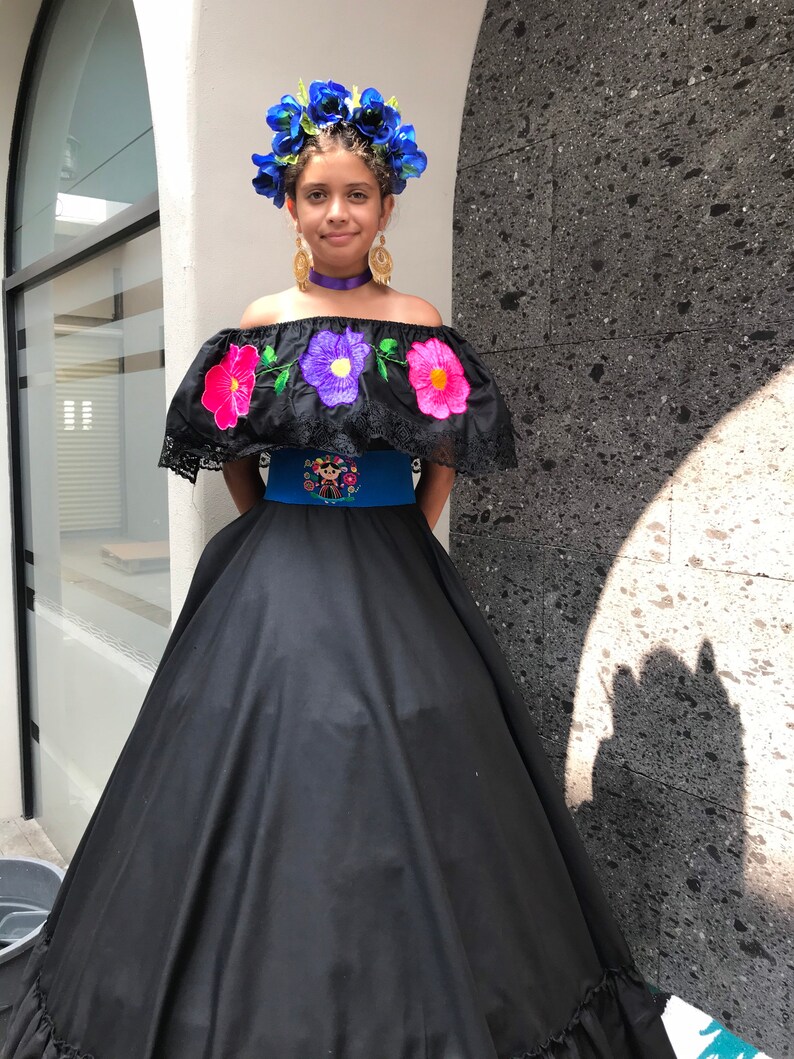 Mexican Blouse woman/'s one size Color Black Frida style Mexican hobo hippie flower coco theme party day of the dead Blouse ONLY 5 de Mayo