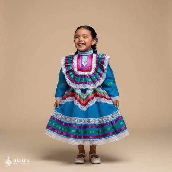 Light Blue Traditional Jalisco One-Piece Dress - Mexican Folklore Wear (Size 1)