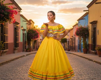 Yellow Mexican Jalisco Dress Set – Handmade Traditional Folkloric Outfit for Women