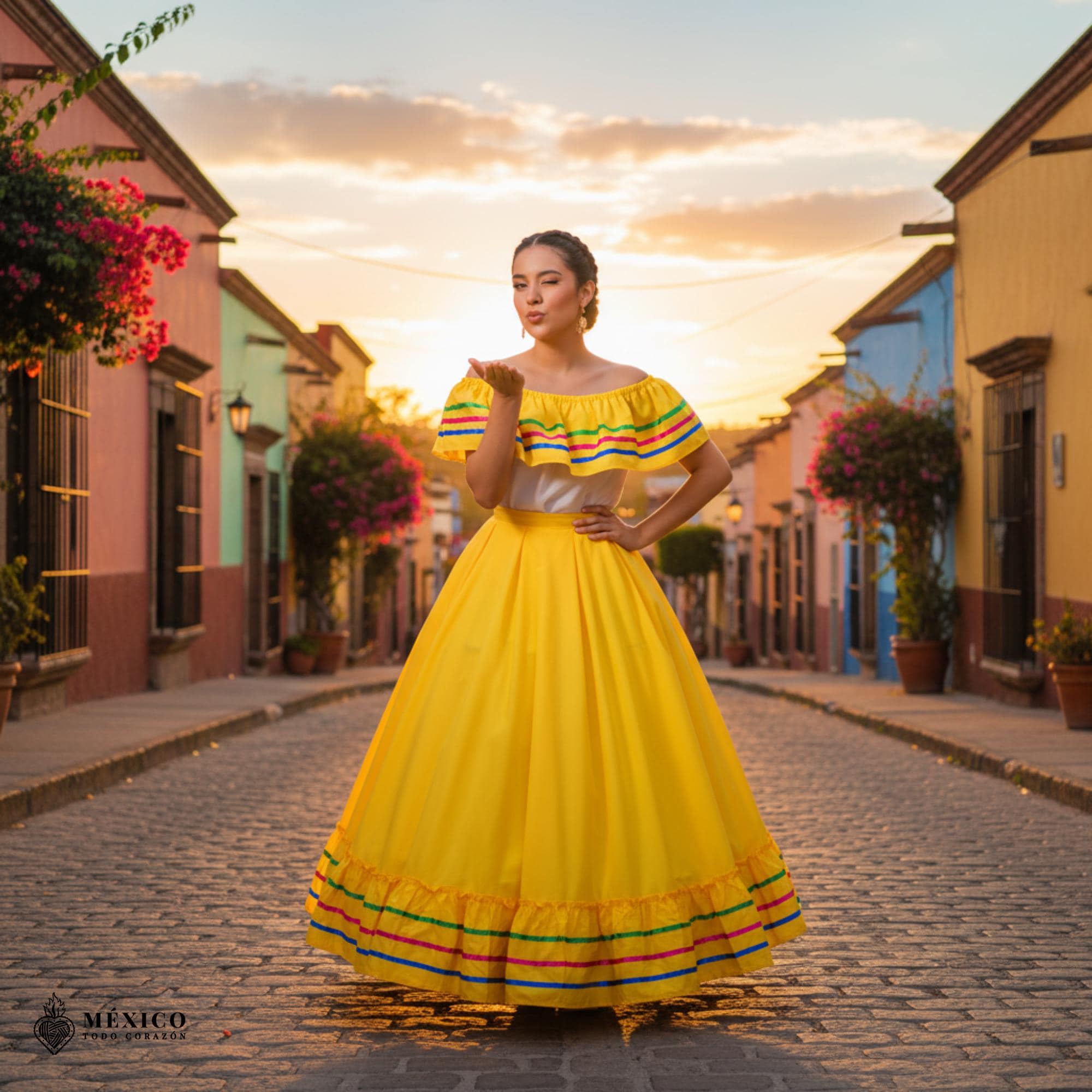 黄色のメキシコハリスコドレスセット - 女性用ハンドメイドの伝統的な