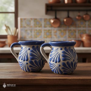 Peut inclure: Deux mugs en c&eacute;ramique avec des motifs floraux bleus et des anses. Les mugs ont une base cr&egrave;me et des bords bleus. Les mugs sont pos&eacute;s sur une table en bois. Ils font partie d'un ensemble d'articles de cuisine.
