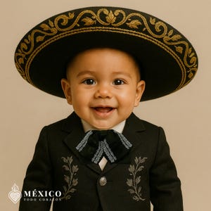 Laço Charro Moño bordado para bebês mexicanos negros – Laço tradicional de mariachi para bebês