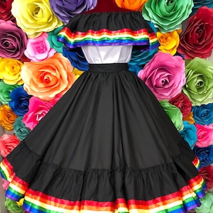 Mexican folkloric Skirt and Blouse  black pink ribbons. Mexico Todo Corazón ballet folclórico double vuelo size 2t to xlarge custom orders