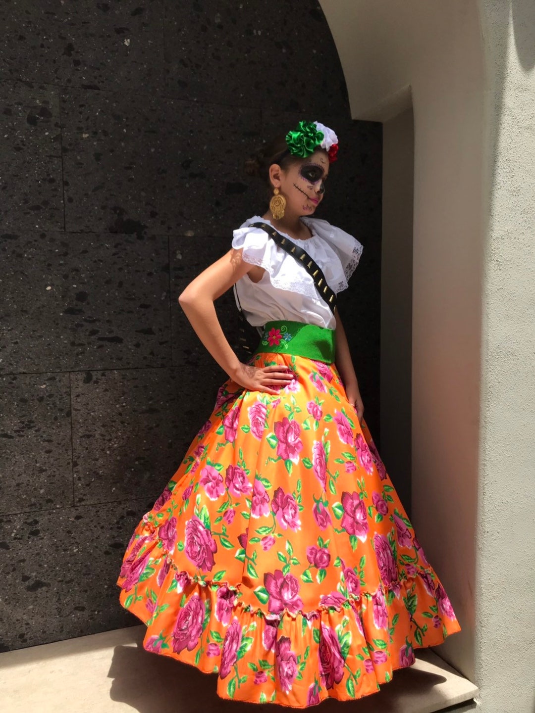 Mexican Flowered Skirt ORANGE Size 12 Child Handmade-mexican Boho