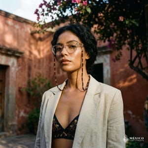 May include: A woman wearing clear-framed eyeglasses with a beaded eyeglass chain. She is wearing a beige blazer and a patterned bra. The background features a red-toned building and a tree with pink flowers. The image has a warm, natural aesthetic.