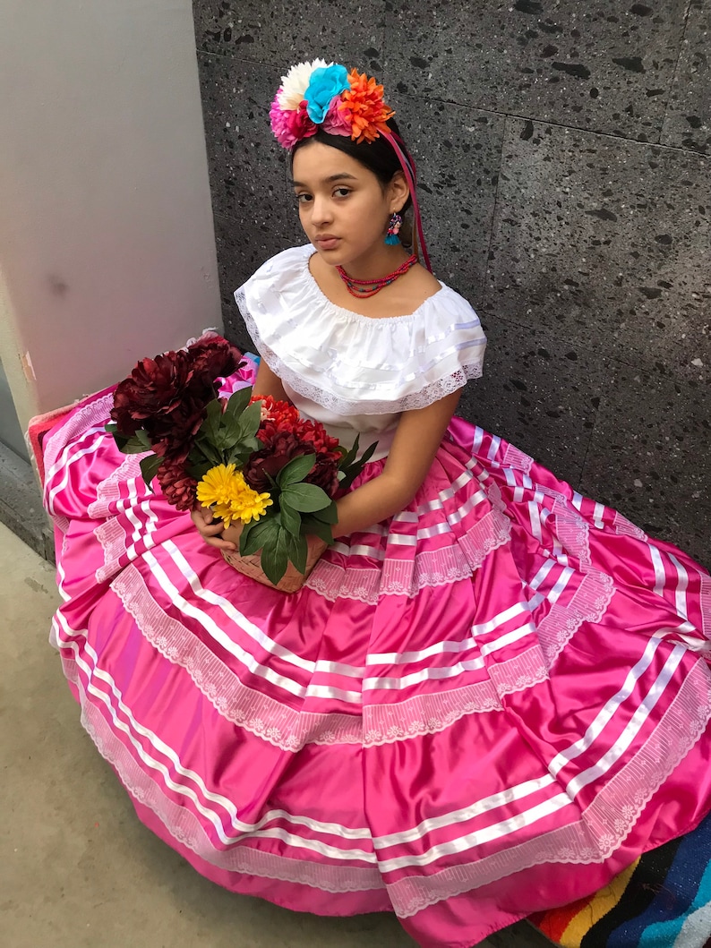 Mexican womans SKIRT ONLY China Oaxaca Pink Frida Kahlo style-womans mexican boho coco theme party day of the dead Guelaguetza style 100cm
