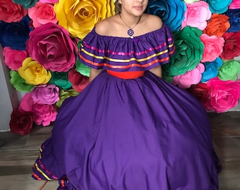 Mexican  dress with top  Handmade- Beautiful - womans  mexican boho   coco theme party  day of the dead Purple 100CM