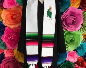 Graduation class of 2021 Mexican sash sarape zarape  White SAN JUDAS TADEO graduation gift   sold as is Personalization available pom poms