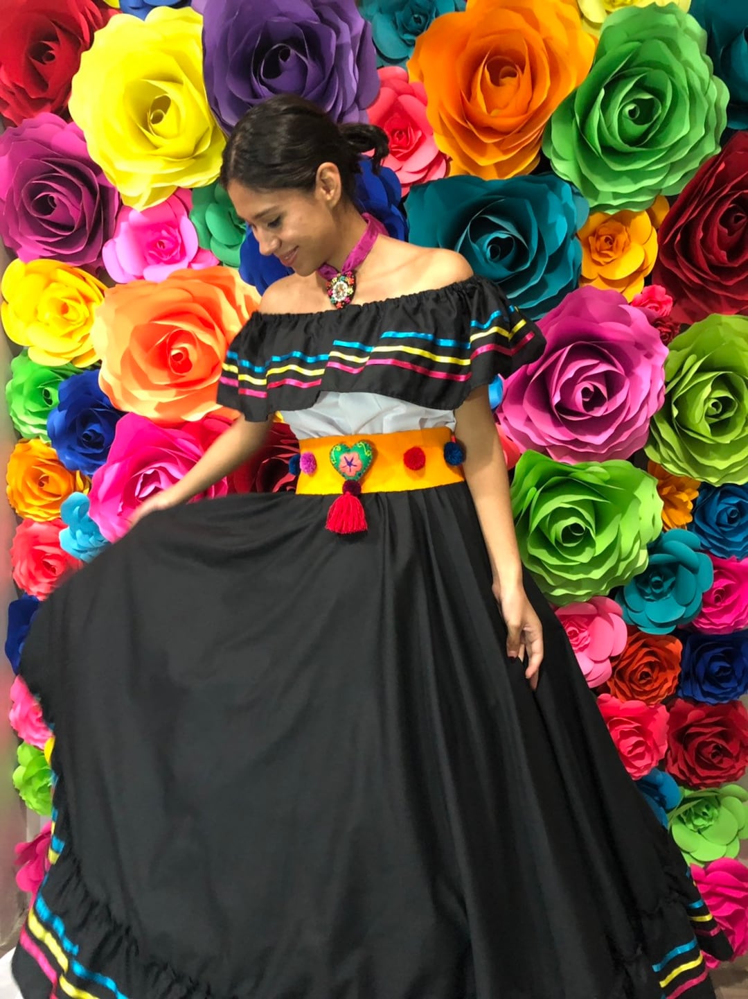 Mexican black dress with flowers online