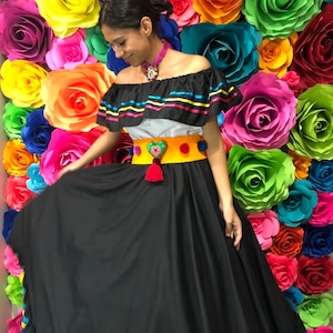 Mexican womans two piece dress Black day of the dead 5 de Mayo fiesta coco theme  noche de muertos one size fits all adelita costume 100cm