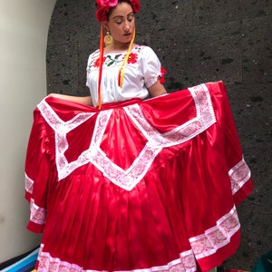 Mexican China Oaxaca Red  style-womans mexican boho coco theme party  day of the dead SKIRT ONLY Guelagueza costume 95cm