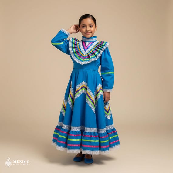 Light Blue Traditional Jalisco One-Piece Dress - Mexican Folklore Wear (Size 6)