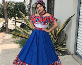 Conjunto de falda mexicana hecha a mano – Azul oscuro, estilo